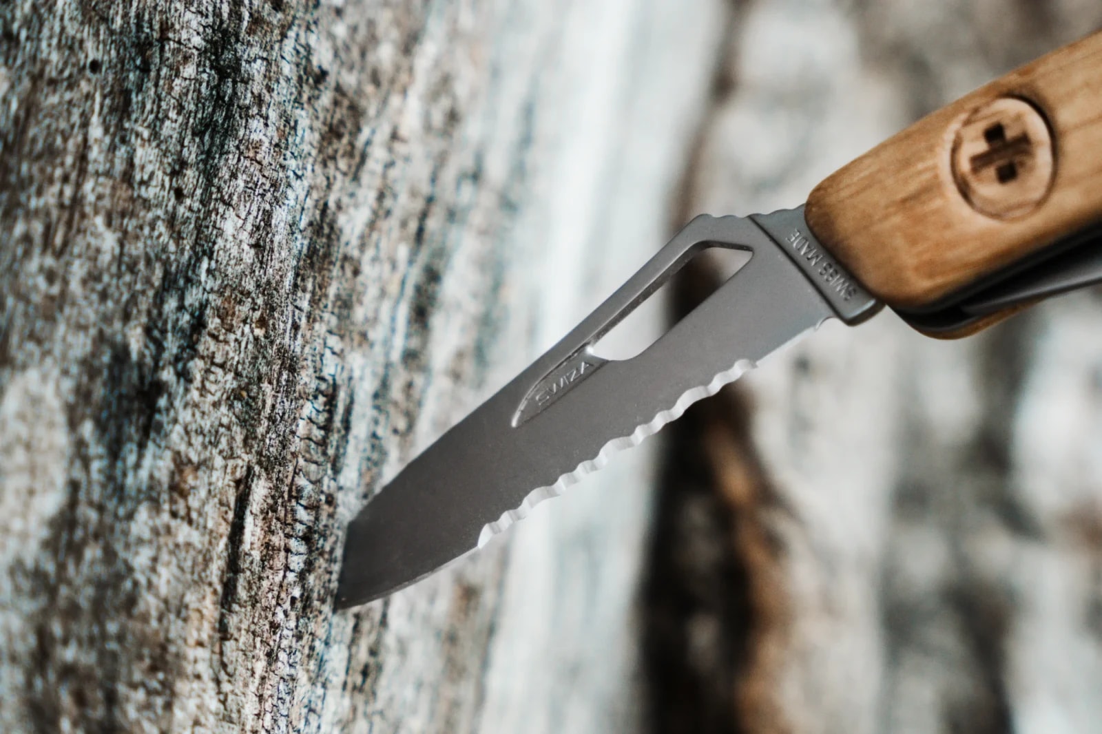 Detailaufnahme der Klinge mit Wellenschliff und „Swiss Made"-Prägung an einem Baumstamm.