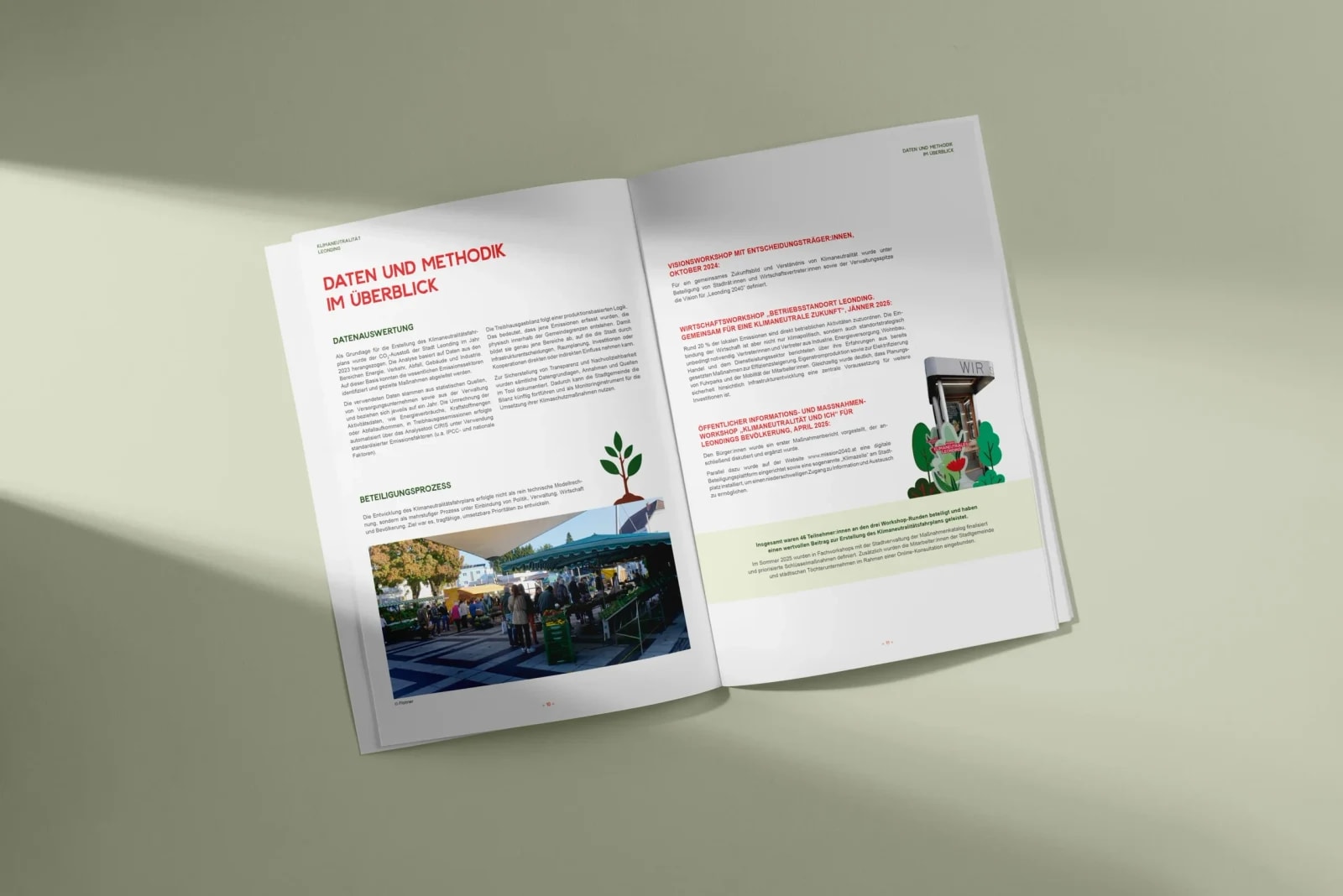 Klimaneutralitätsfahrplan Leonding – aufgeschlagene Doppelseite „Daten und Methodik im Überblick" mit Marktfoto und Illustrationen zum Beteiligungsprozess.
