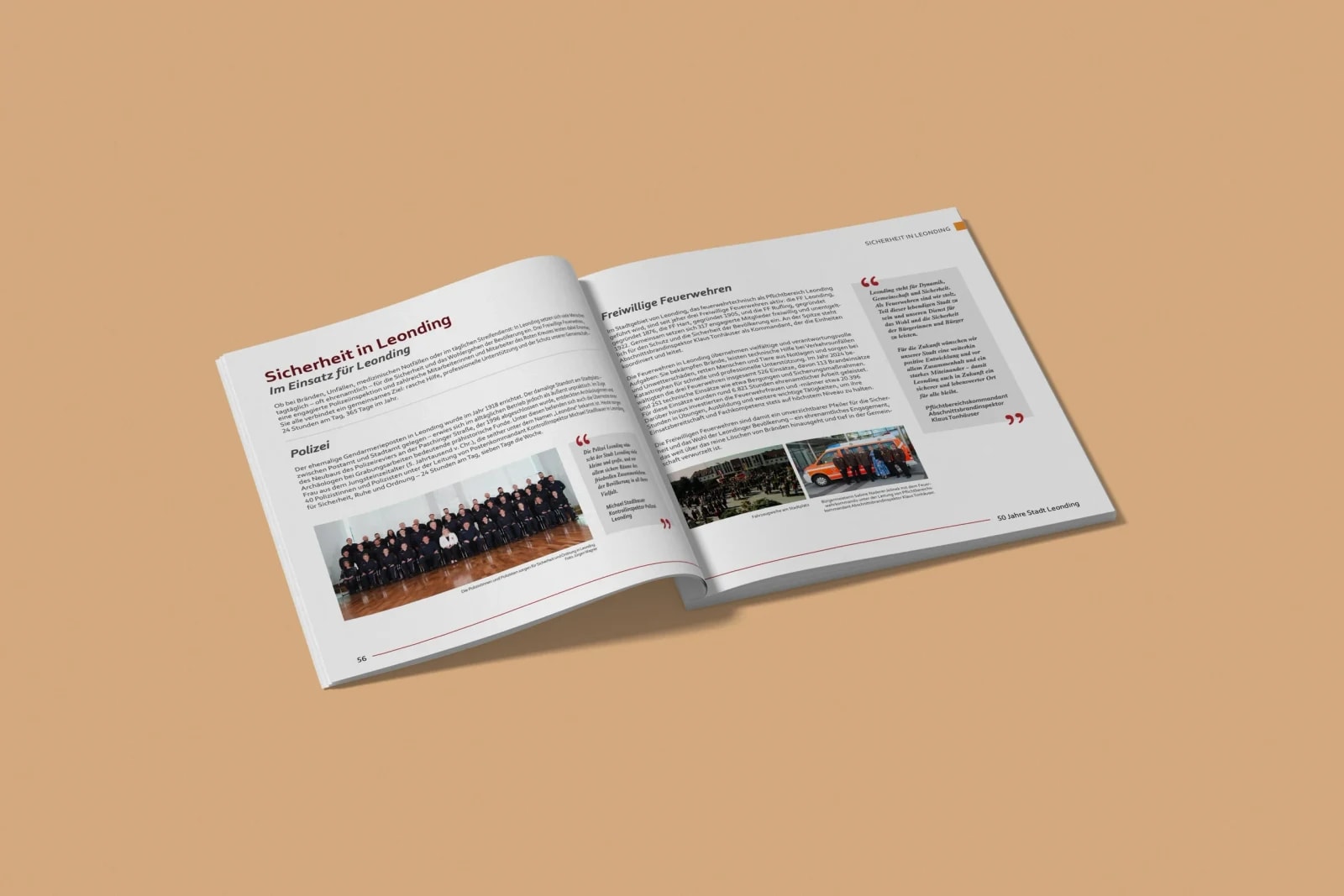 Festschrift 50 Jahre Stadt Leonding – aufgeschlagene Doppelseite „Sicherheit in Leonding" mit Gruppenfotos von Polizei und Freiwilliger Feuerwehr.